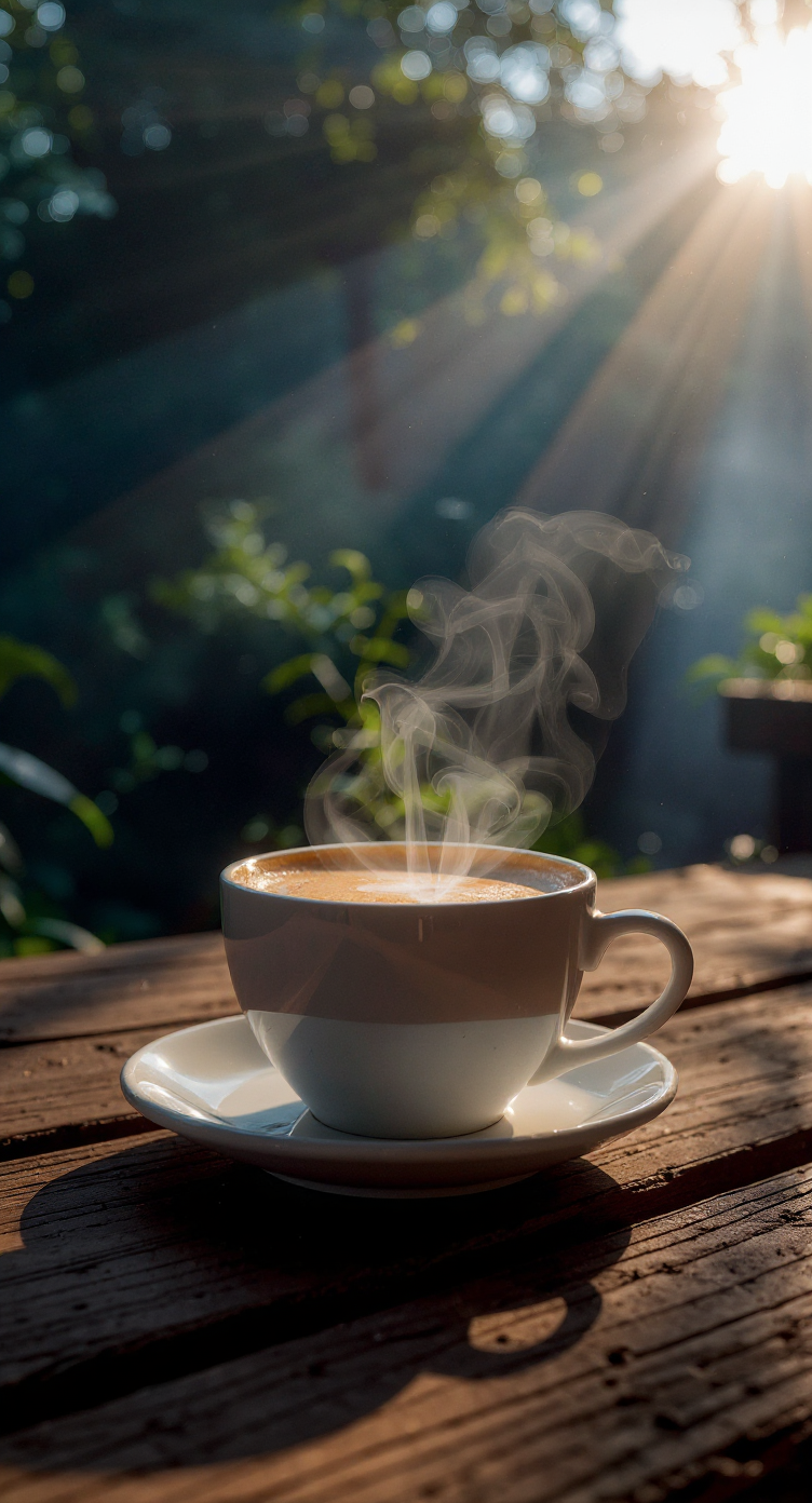 Xícara de café fumegante em uma mesa de madeira ao ar livre, iluminada por raios de sol penetrantes que filtram através da folhagem, criando um ambiente sereno e acolhedor. O foco suave destaca o vapor delicado, enquanto a composição da imagem em contraluz reforça a sensação matinal e natural. A profundidade de campo rasa mantém o fundo sutilmente desfocado, enfatizando a xícara como ponto focal.
